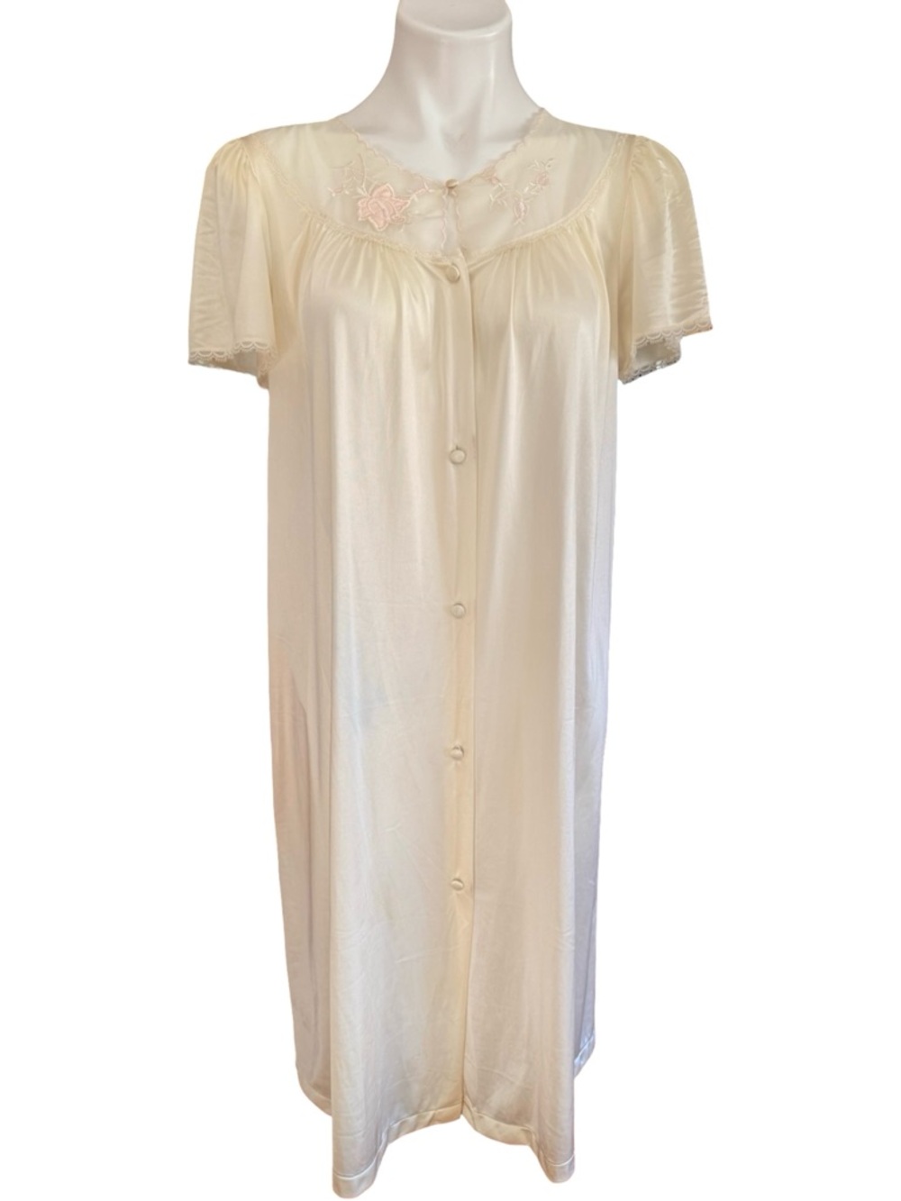 Vanity Fair Cream Short Button-Front Nightgown with Pink Floral Embroidery